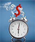 Smoking alarm clock with dollar signs on blue background