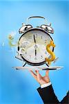 Waiter holding up time is money concept on blue background