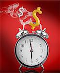Smoking hot alarm clock with dollar signs on red background