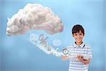 Cute boy using tablet to connect to cloud computing on blue background