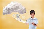 Cute boy using tablet to connect to cloud computing on yellow background
