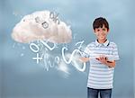 Young boy using tablet to connect to cloud computing and accessing many applications