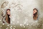Pretty girls peeking out from behind blank space on beige art deco style background with white ink splashes