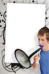 Young man shouting through megaphone in front of copy space with black design frame