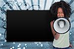 Girl with afro shouting through megaphone with copy space on blue art deco style background