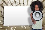 Girl with afro shouting through megaphone with white copy space on beige art deco style background