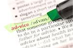 Advice definition highlighted in green in the dictionary