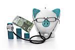 Piggy bank wearing glasses and stethoscope listening to blue graph model