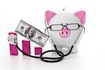 Pink and white piggy bank wearing glasses and stethoscope listening to graph model
