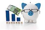 Blue and white piggy bank wearing glasses with future question and blue graph model