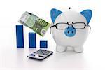 Blue and white piggy bank wearing glasses with calculator and blue graph model
