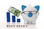 Blue and white piggy bank wearing glasses with what next question and blue graph model