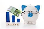 Blue and white piggy bank wearing glasses with crisis message and blue graph model