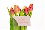 Bouquet of pink and yellow tulips with mothers day message on card on white background