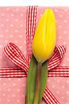 Yellow tulip on pink polka dot wrapped present with gingham ribbon