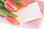 Pink and yellow tulips resting on pink wrapped present with blank card on white background