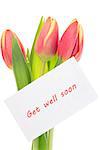 Pink and yellow tulips with get well soon greeting on white background