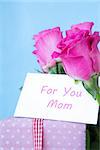 Bouquet of pink roses in vase with pink gift and mothers day card on blue background