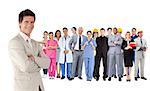 Businessman standing in front of different types of workers on white background