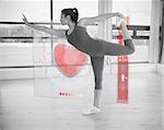 Woman in yoga pose with interface showing her heartbeat in black and white