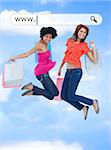 Happy girls jumping with their shopping bags under address bar on blue sky background