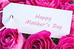 Closeup of a bouquet of pink roses with happy mothers day written in pink on a card