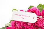 Close up of a bouquet of pink roses with a happy mothers day card on a white background