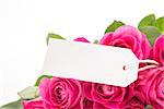 Close up of a bouquet of pink roses with a blank day card on a white background