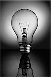 Big clear light bulb standing on reflective surface in black and white