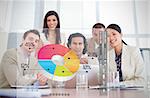 Smiling business workers looking at colorful pie chart interface in a meeting