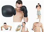 Collage of a man boxing on white background