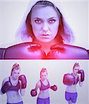 Purple collage of blond woman boxing