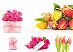 Collage of flowers and gifts on white background