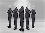 Businessman with bulb head multiplied in a line on grey background