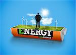 Businessman in wind turbine field in an energy saving battery on blue background