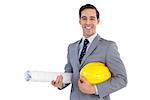 Happy architect holding plans and hard hat on white background