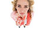 Overhead of cheerful woman standing on white background