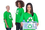 Female activist holding recycling box with friends behind her on white background