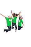 Three enviromental activists jumping and smiling on white background