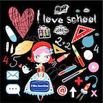 cheerful schoolgirl and graphics school set on a dark background