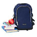 blue school backpack with stationery isolated on white background