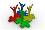 Group of meshed jigsaw pieces with colorful human representation on white background