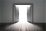 Doorway revealing bright light in dull grey room