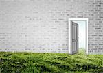 Doorway opening to blue sky in grey brick room with grass on floor