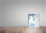 Door opening to reveal sunny blue sky in a grey room with floorboards