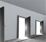 Doors open showing bright white shining light in a dull grey room
