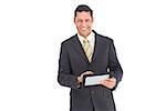 Smiling businessman with pc tablet on a white background