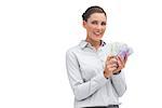 Businesswoman showing lots of money on white background
