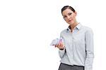 Businesswoman with money in her hand on white background