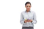 Businesswoman counting euro notes on white background